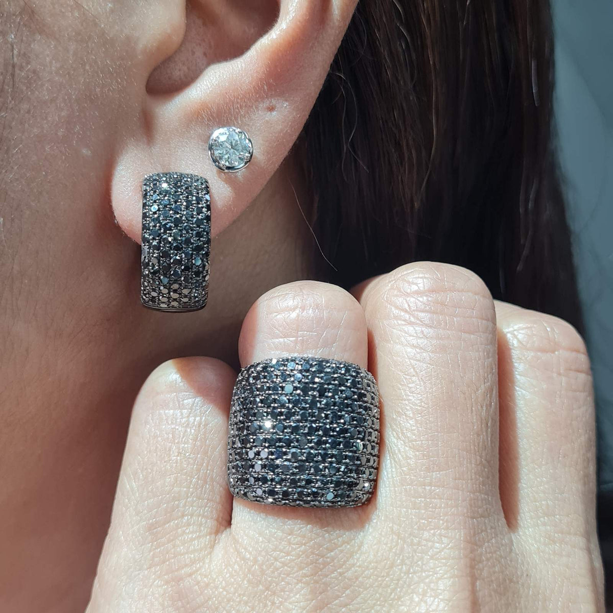 Fancy Black Diamonds Chunky Hoop Statement Jewelry Set 14K