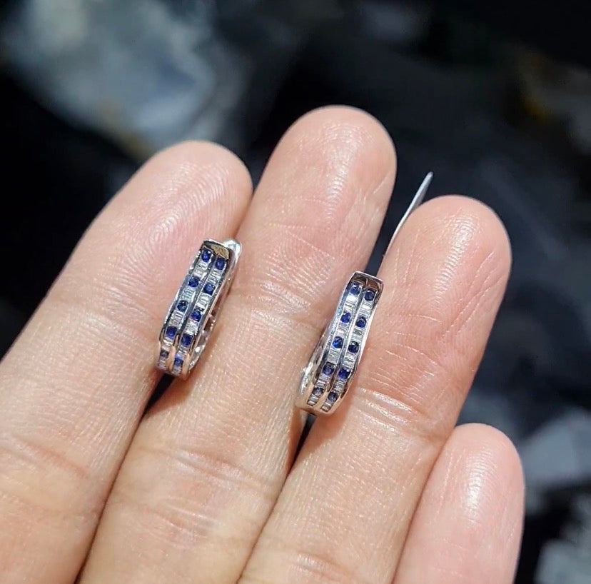 Classic Layered Sapphire Gemstones Baguette Hoop Diamond Earrings 18K