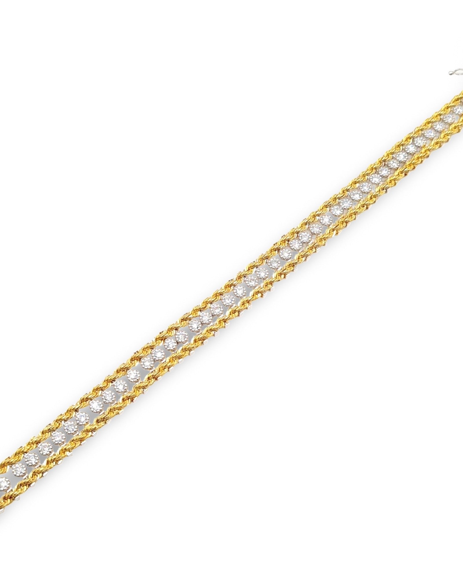 Two-Tone Rope Edge Twisted Rope Chain Paved Diamond Bracelet 14K