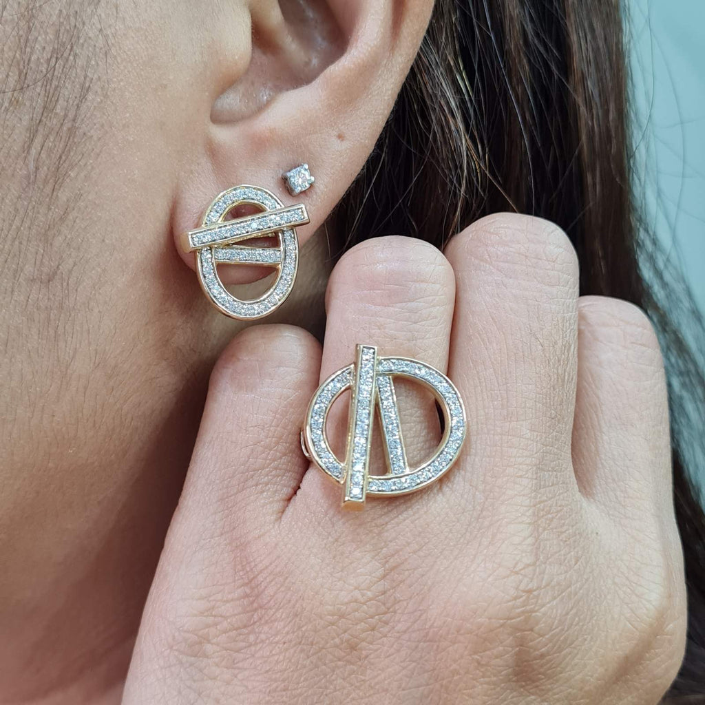 Golden Oval Round Deco Diamond Jewelry Set 14K