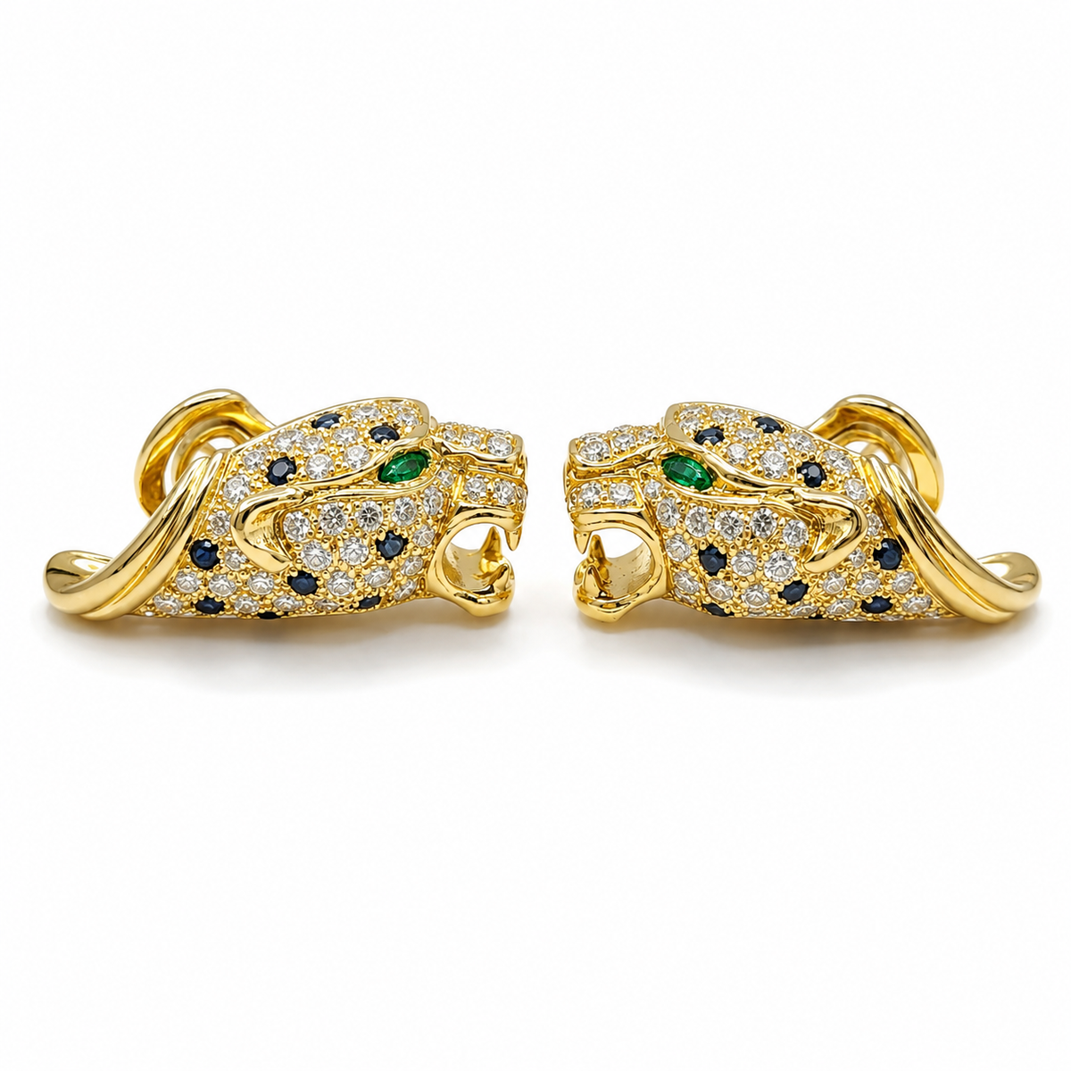 Panther Head Golden Hoop Paved Diamond Earrings 18K