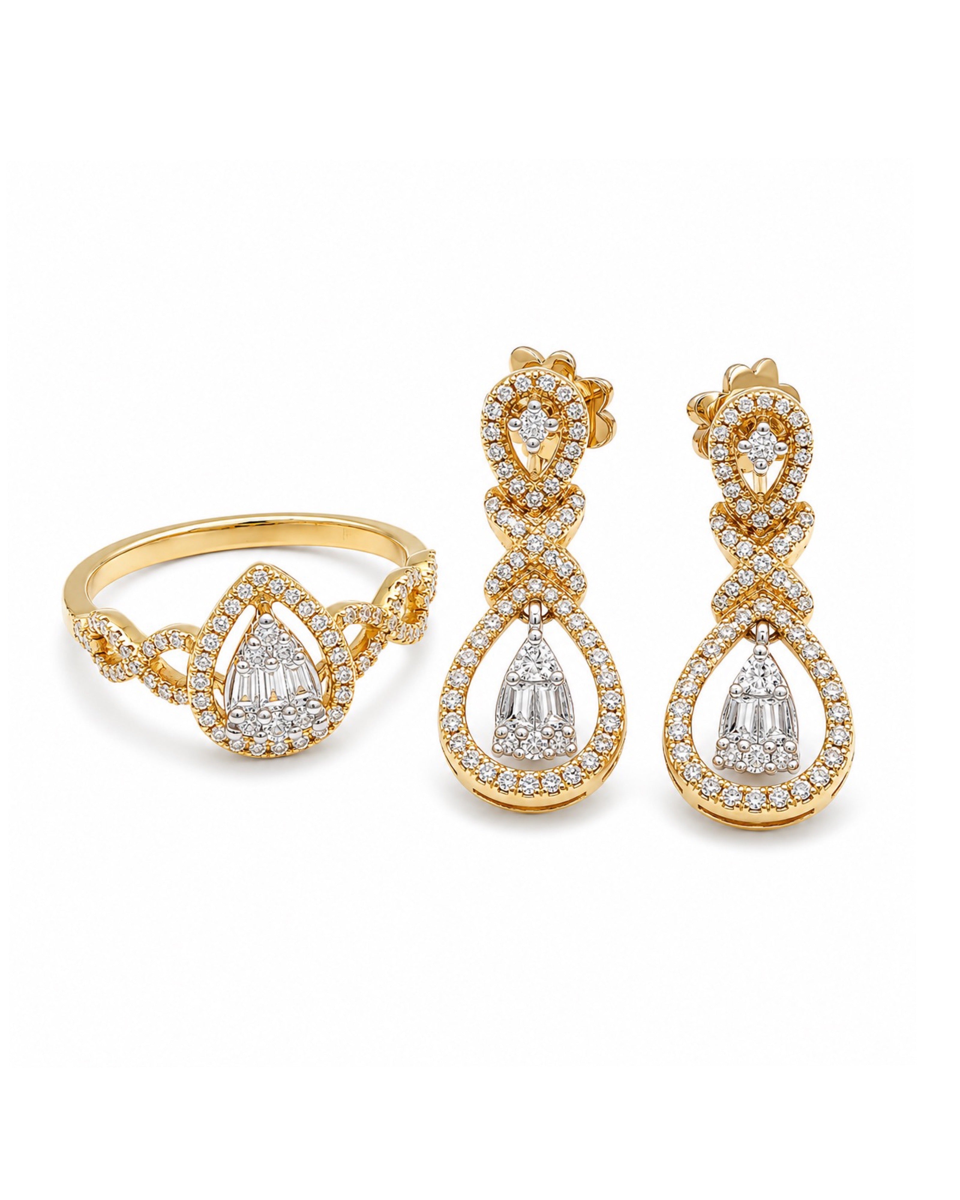 Classic Pear Halo Paved Dangling Diamond Jewelry Set 14K