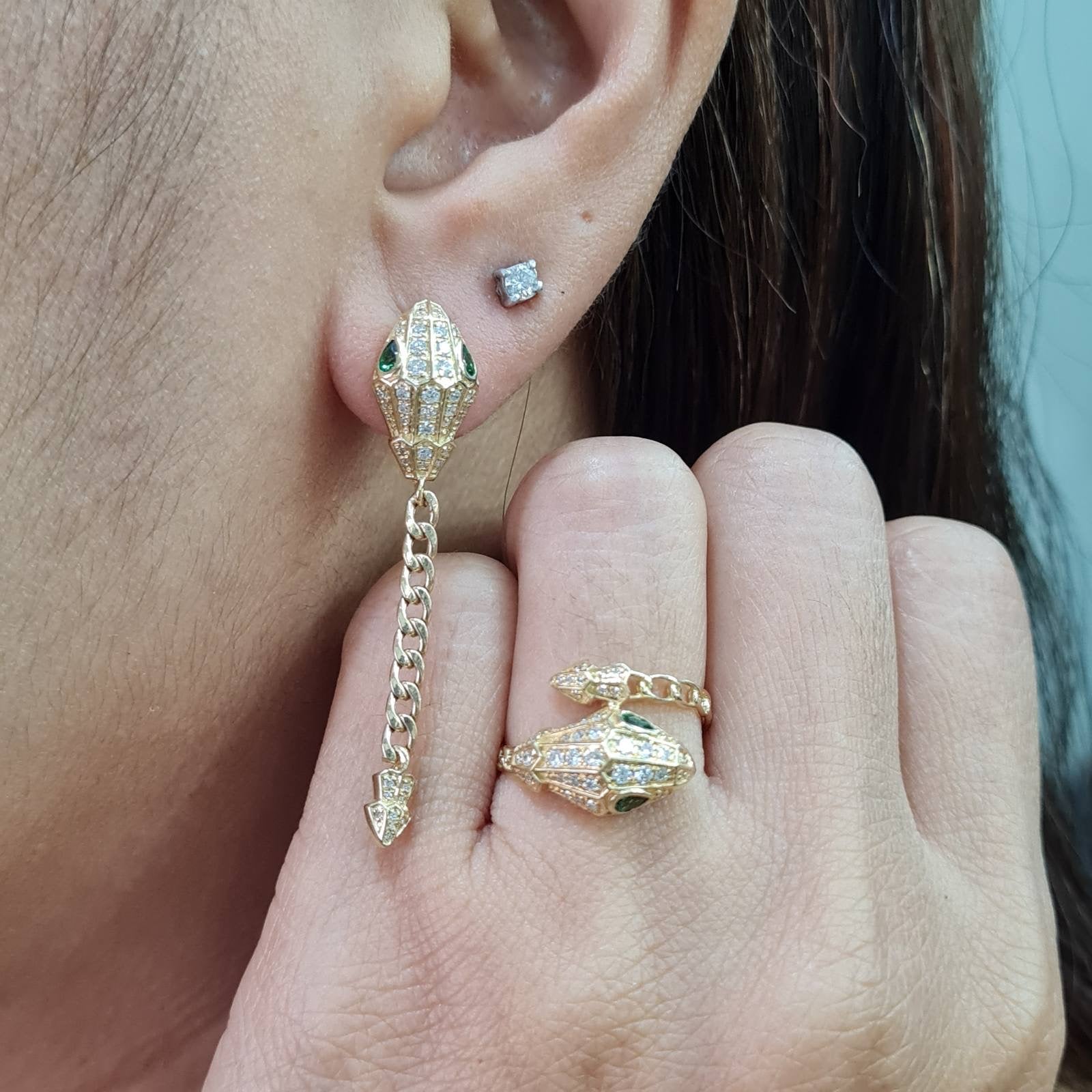 Golden Serpent Chain Drop Diamond Jewelry Set 14K