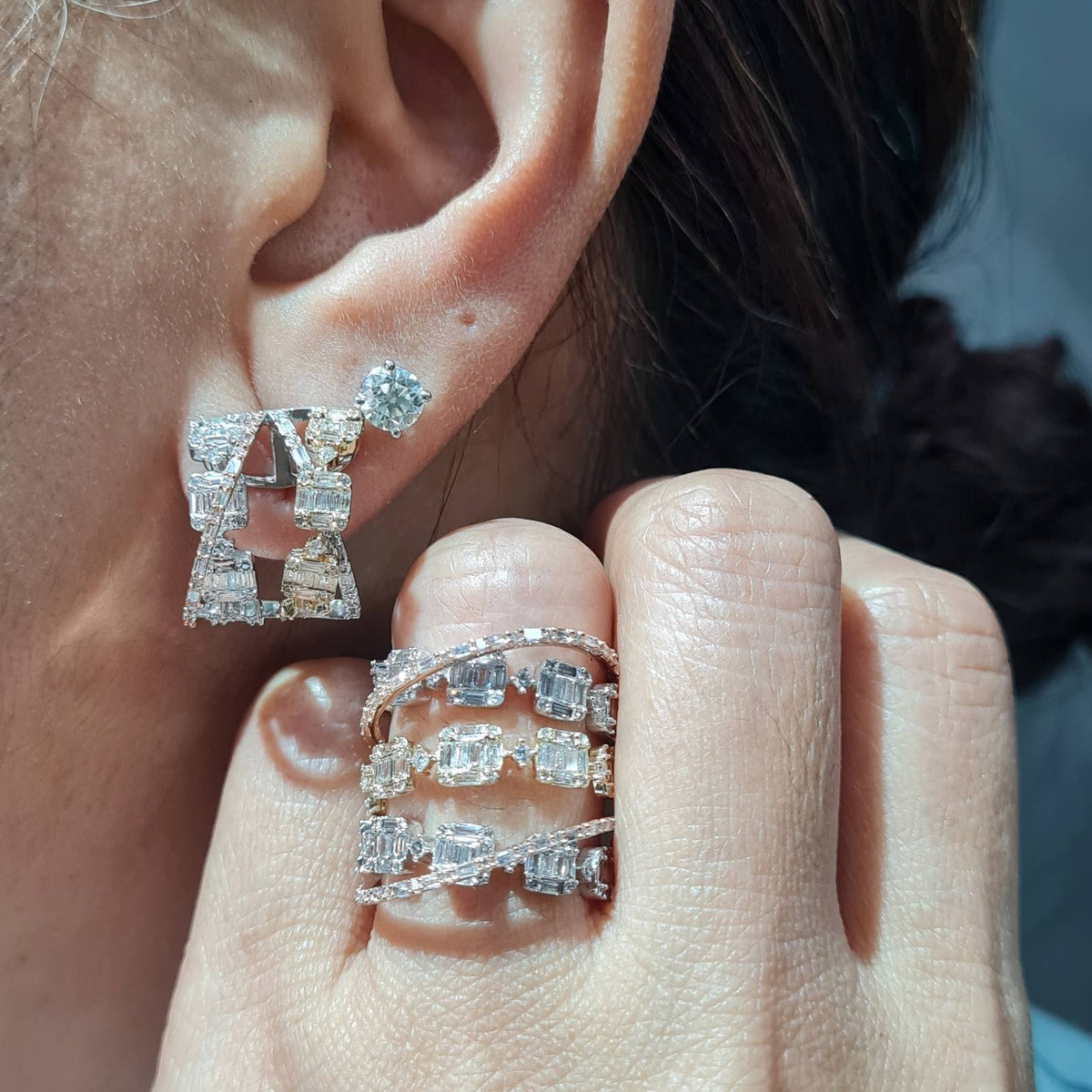 Baguette Layered Crossover Deco Diamond Jewelry Set 14K