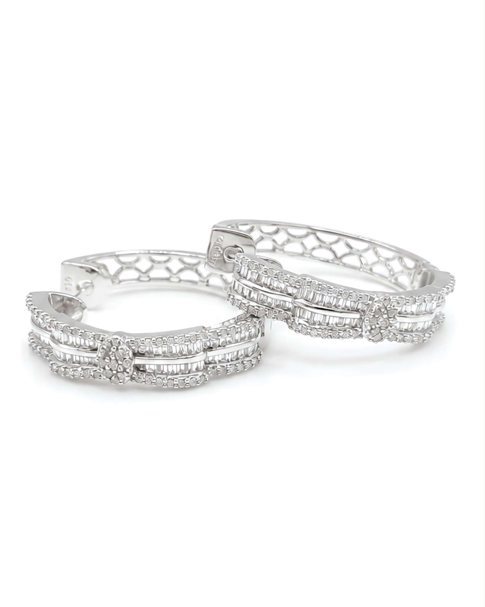 Classic Creole Baguette Round Hoop Diamond Earrings 18K
