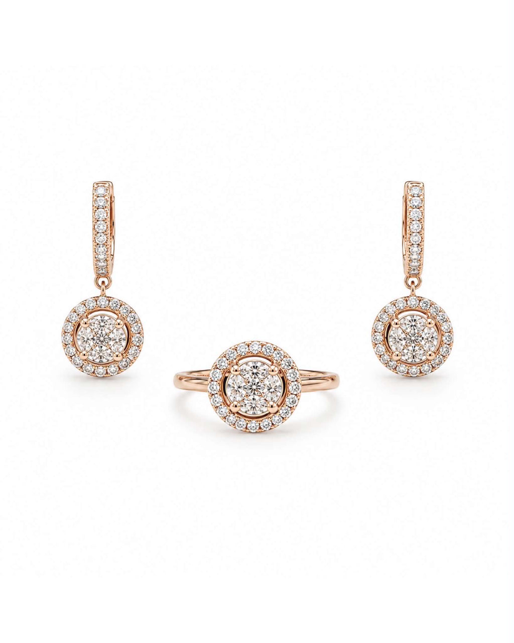 Classic 5ct Face Rosegold Round Halo Invisible Setting Dangling Diamond Jewelry Set 18K