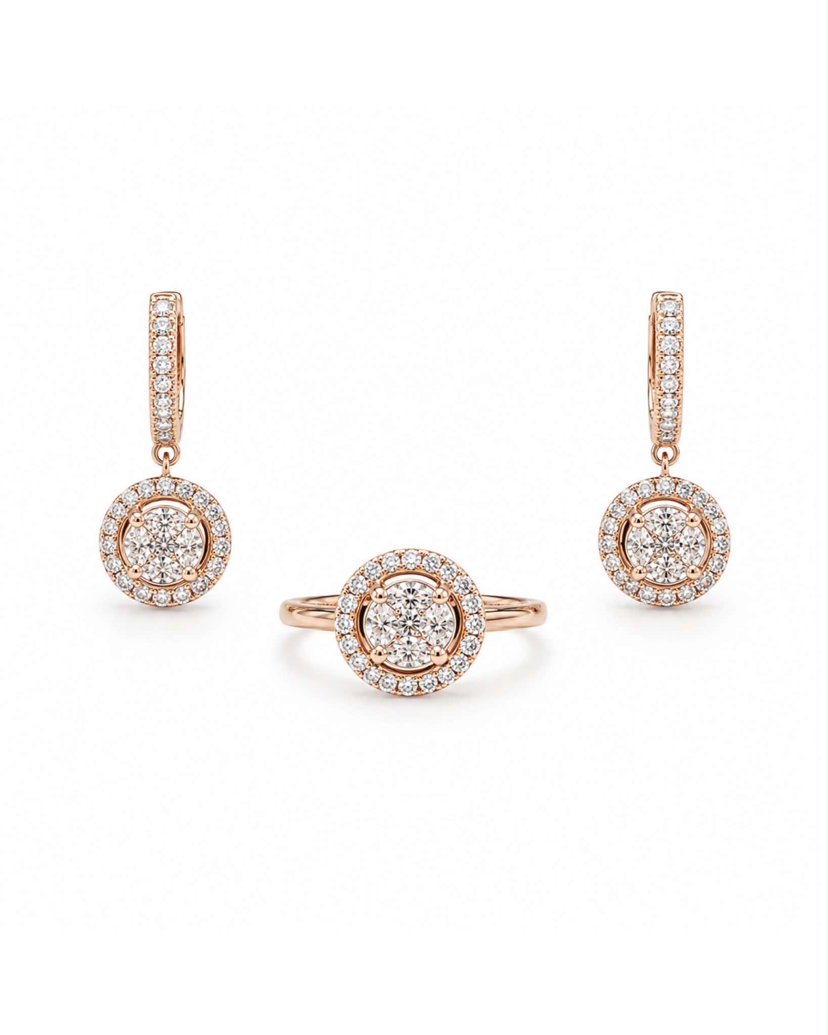 Classic 5ct Face Rosegold Round Halo Invisible Setting Dangling Diamond Jewelry Set 18K