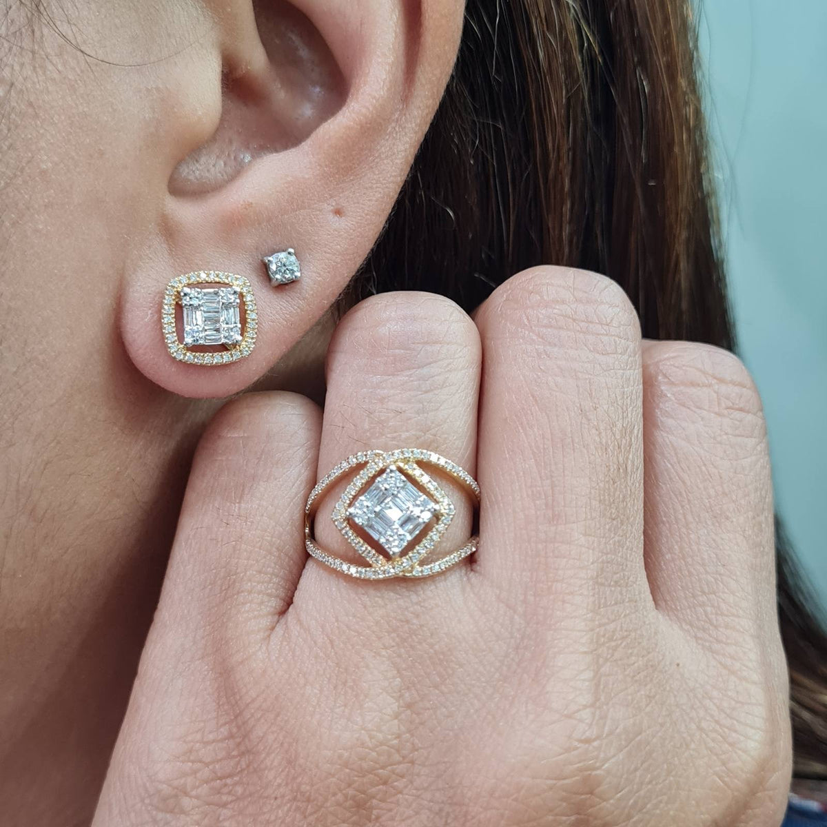 Classic Cushion Halo Diamond Jewelry Set 14K