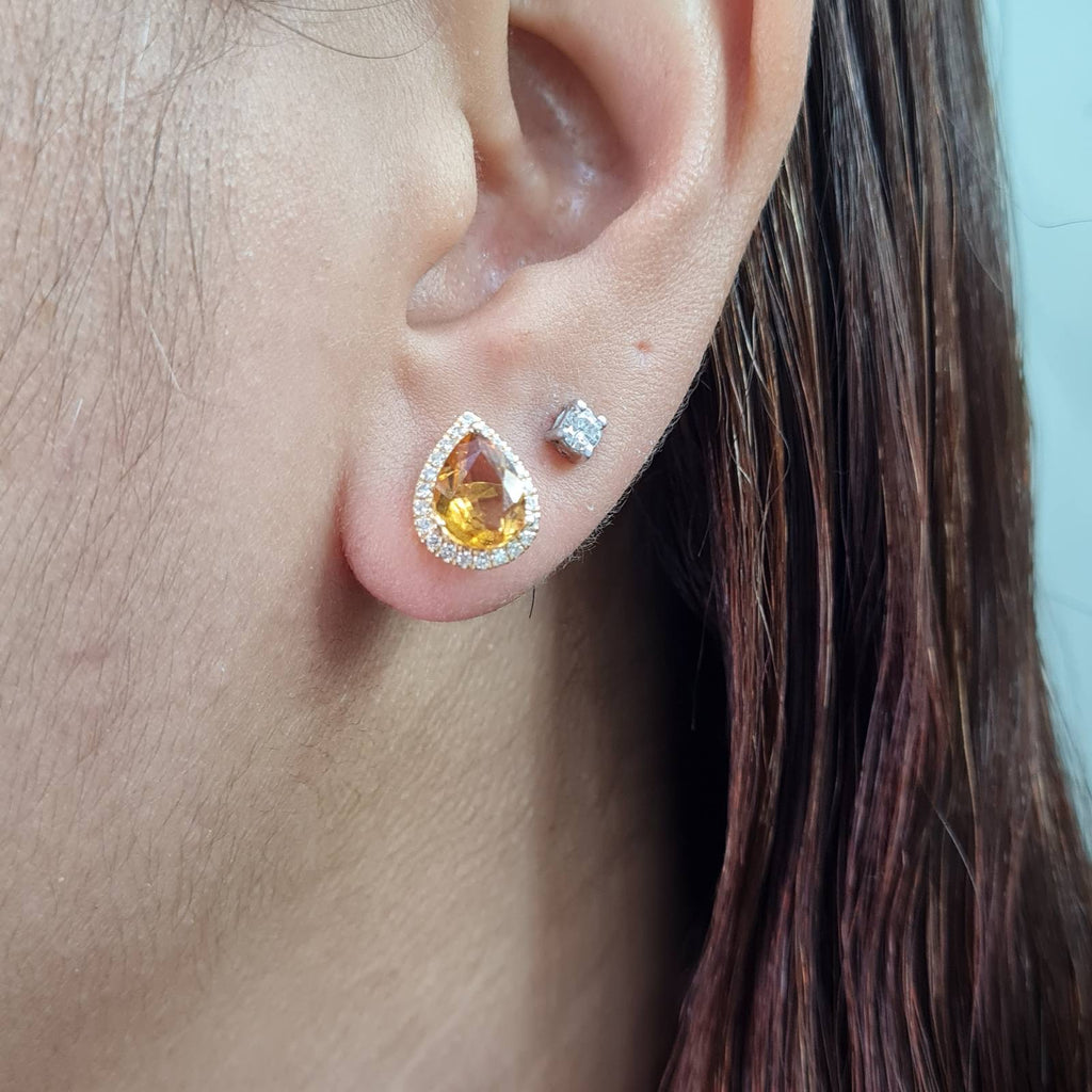 Citrine Gemstones Pear Stud Diamond Earrings 18K