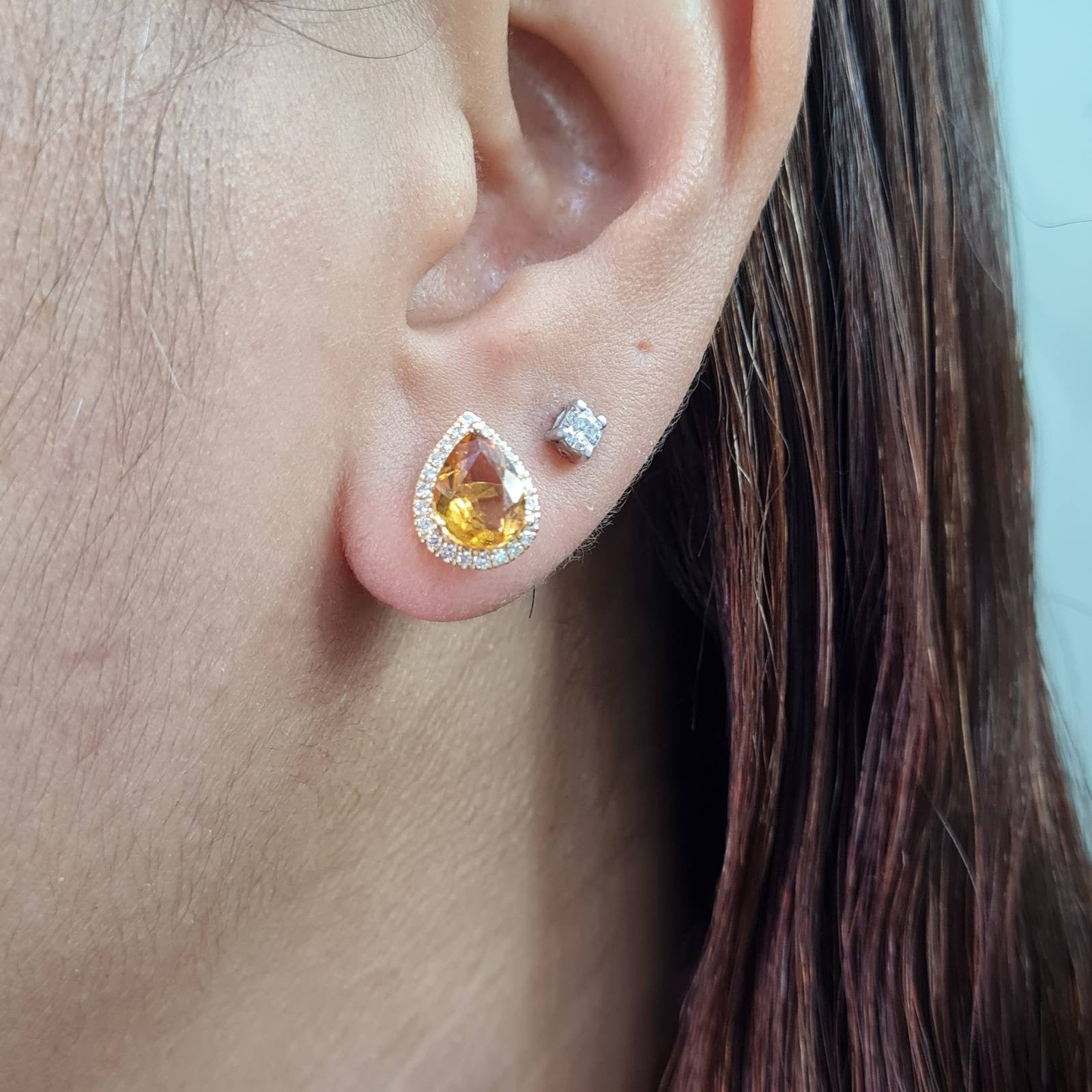Citrine Gemstones Pear Stud Diamond Earrings 18K