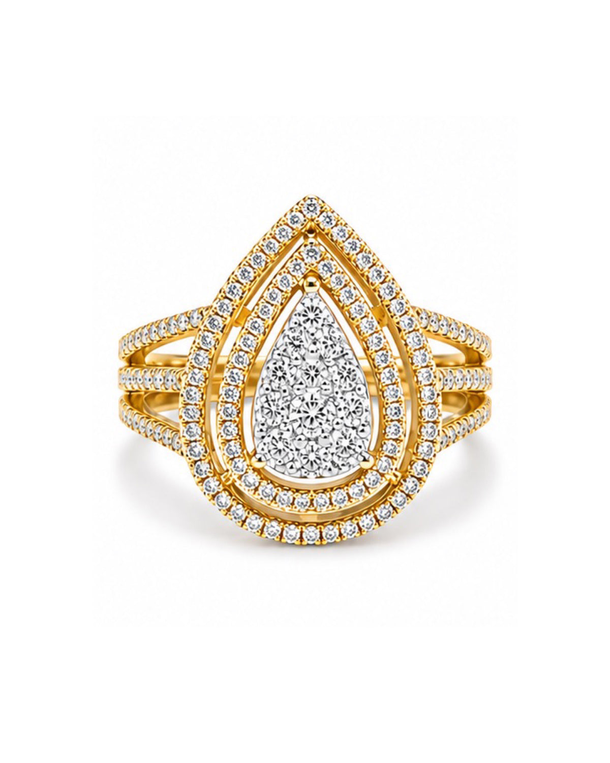 Classic Golden Pear Double Halo Paved Diamond Ring 14K