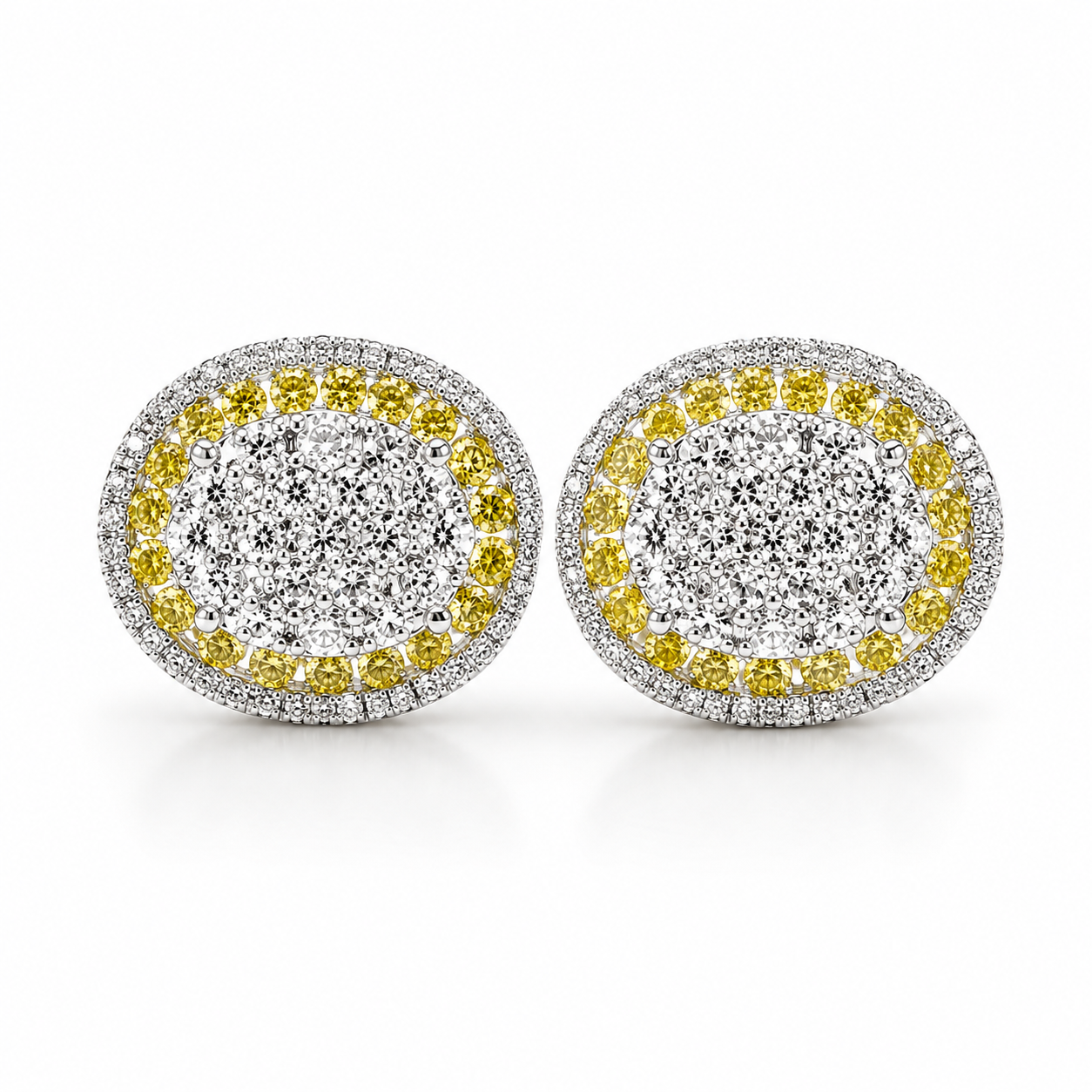Fancy Yellow Colored Diamonds Oval Paved Diamond Earrings 18K