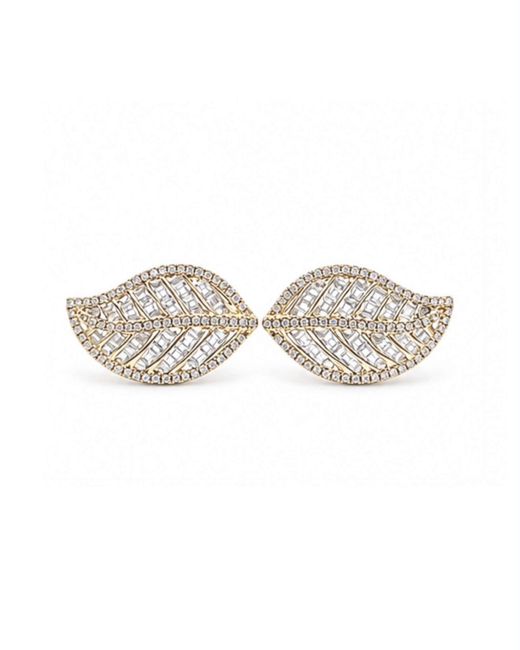 Classic Golden Leaf Baguette Stud Diamond Earrings 14K