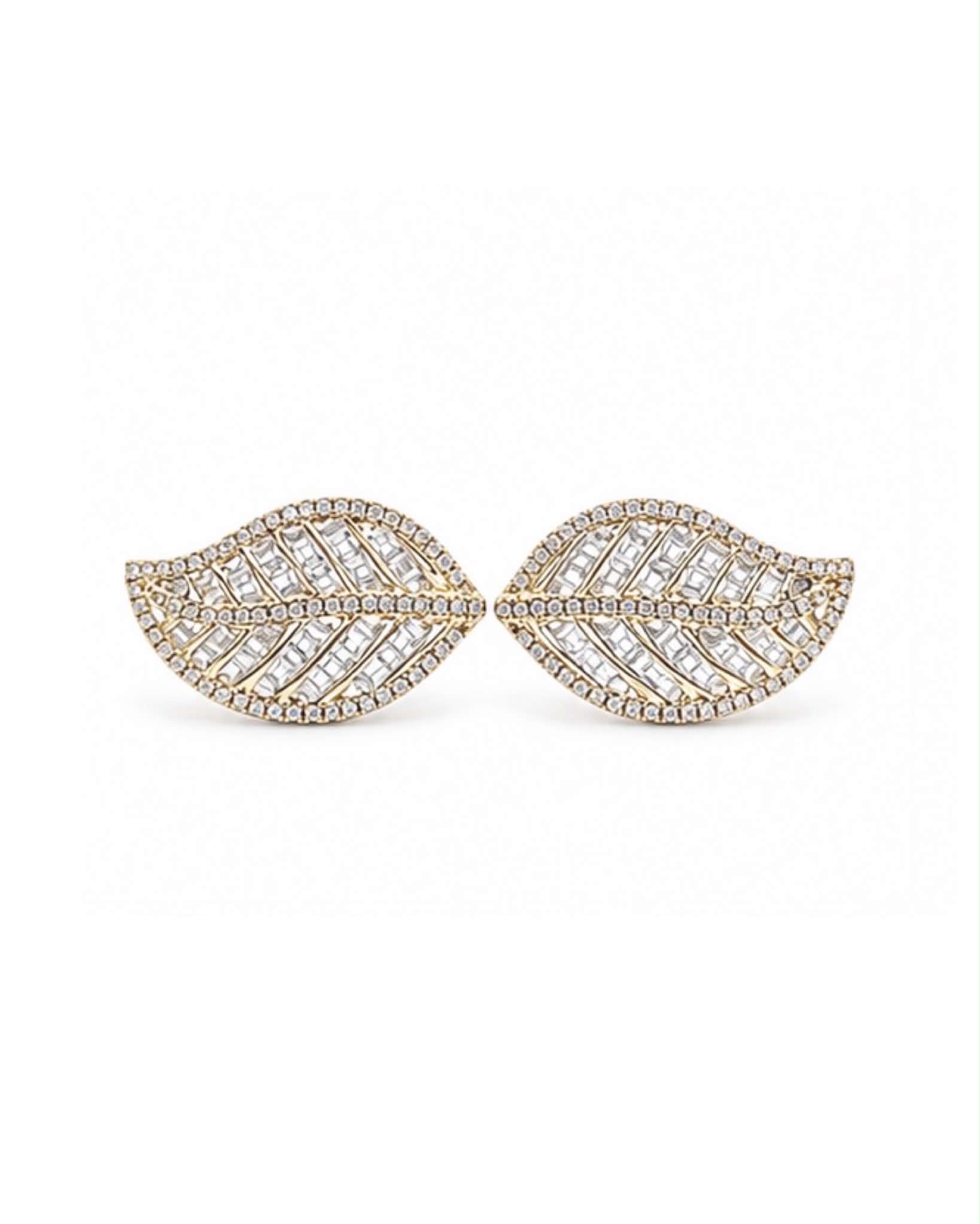 Classic Golden Leaf Baguette Stud Diamond Earrings 14K