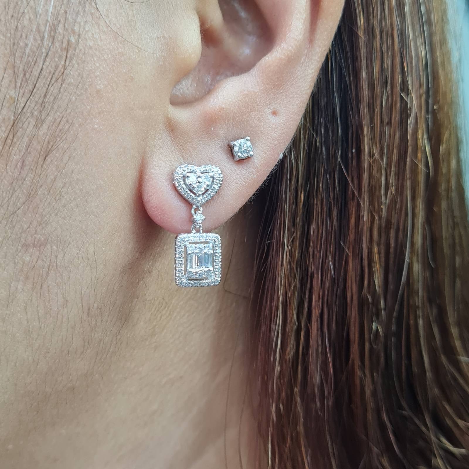 Classic Heart Square Halo Dangling Diamond Earrings 14K