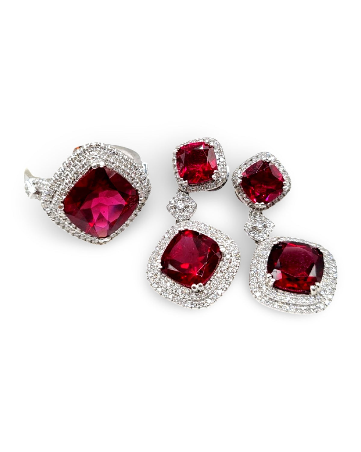 Cushion Red Ruby Gemstones Diamond Jewelry Set 14K