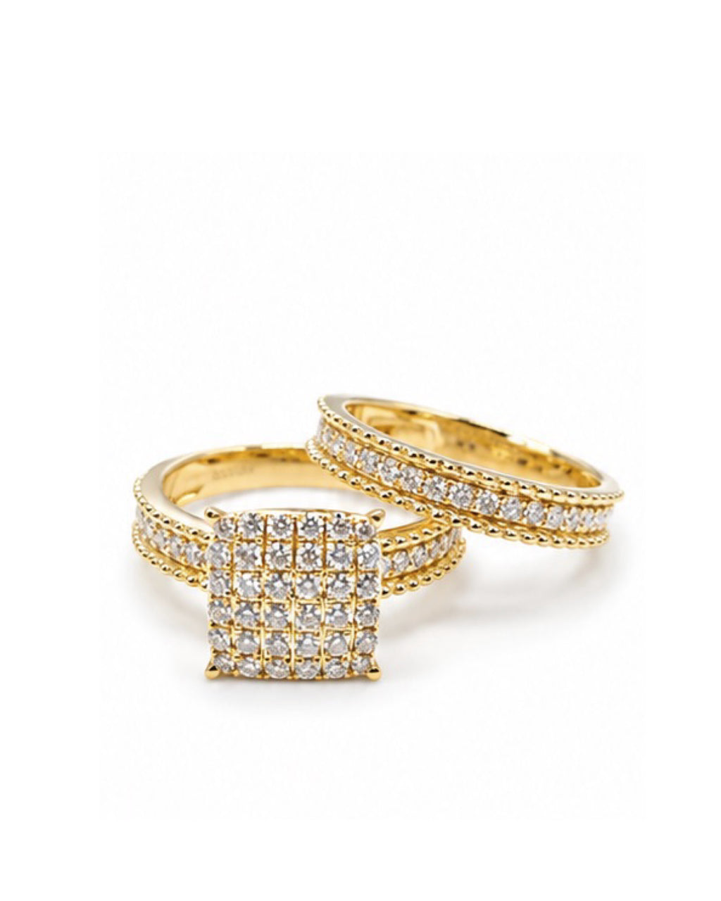 Classic Golden 2in1 Cushion Round Half Eternity Beaded Diamond Ring 14K