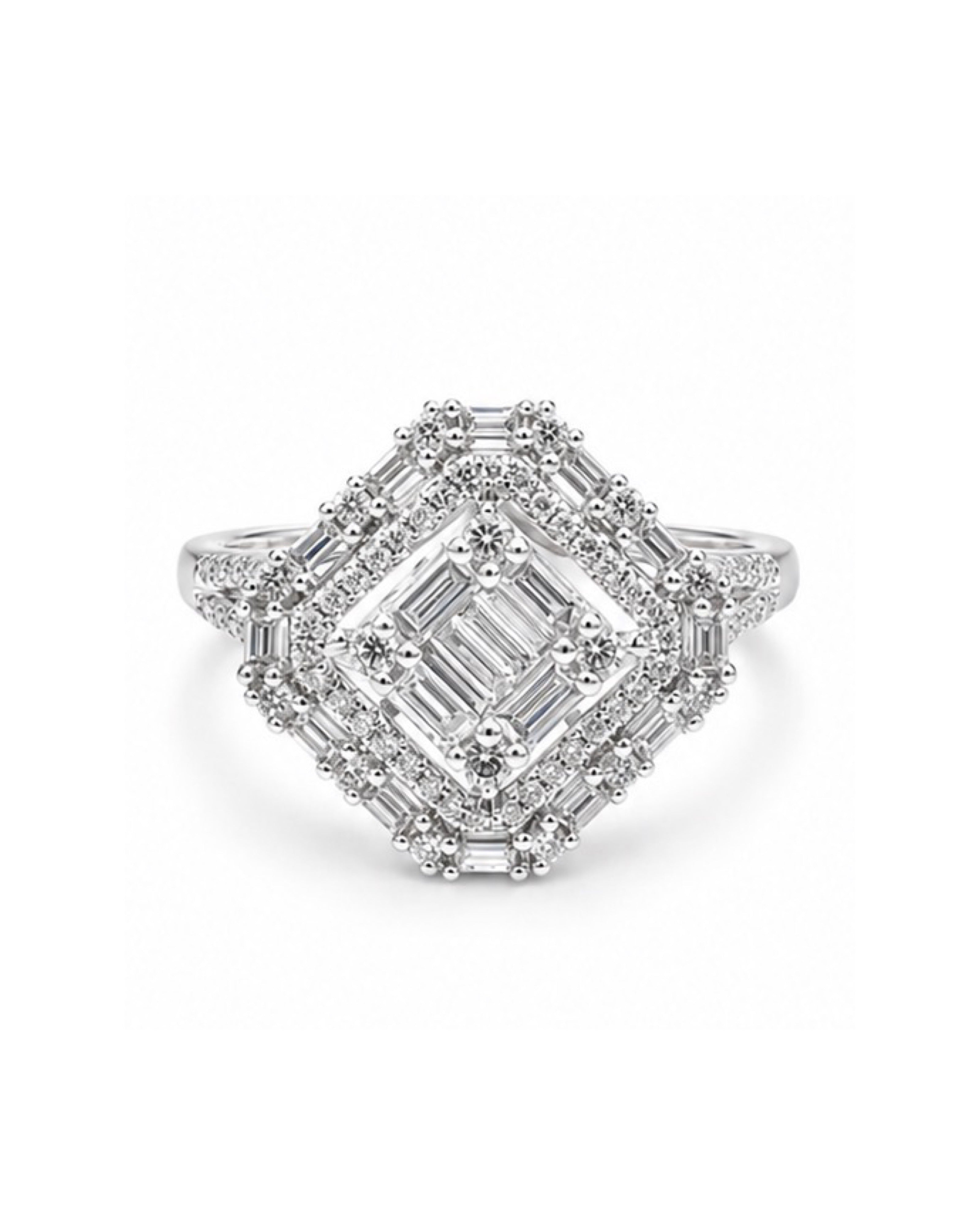 Classic Square Cushion Paved Baguette Diamond Ring 14K