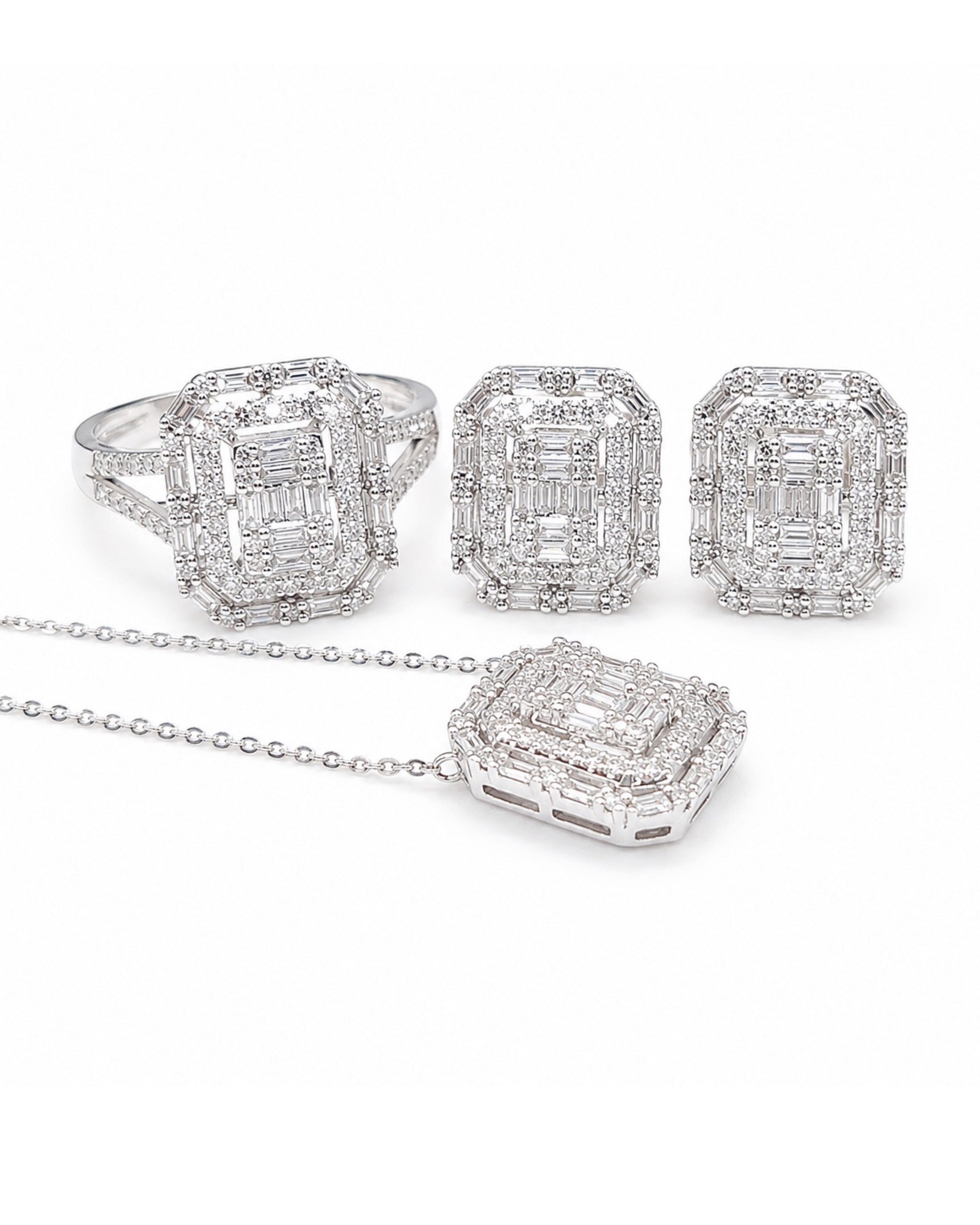 Classic Emerald Double Halo Baguette Diamond Jewelry Set 14K