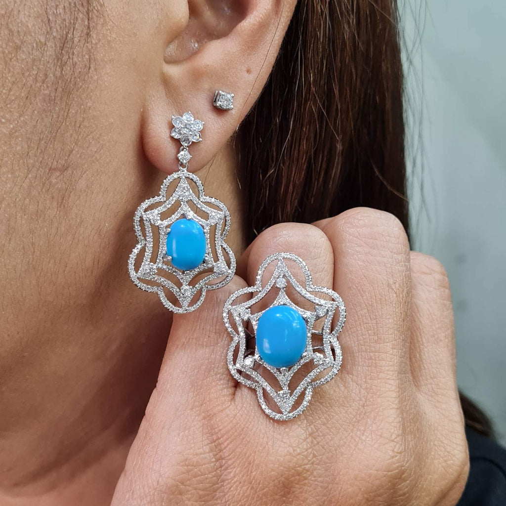 Turquoise Gemstones Floral Deco Dangling Diamond Jewelry Set 14K