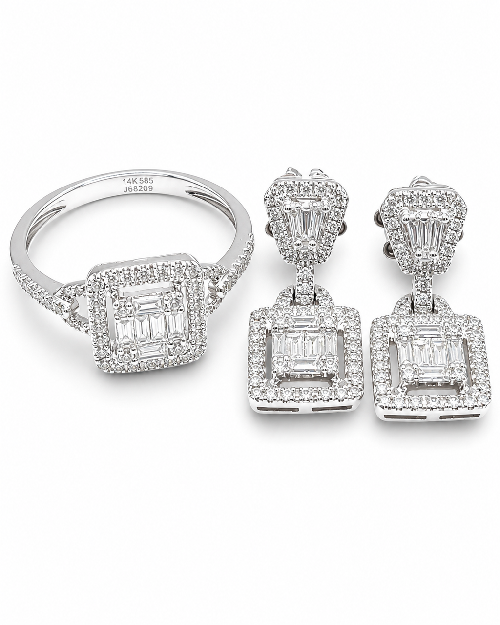 Classic Square Baguette Paved Dangle Diamond Jewelry Set 14K