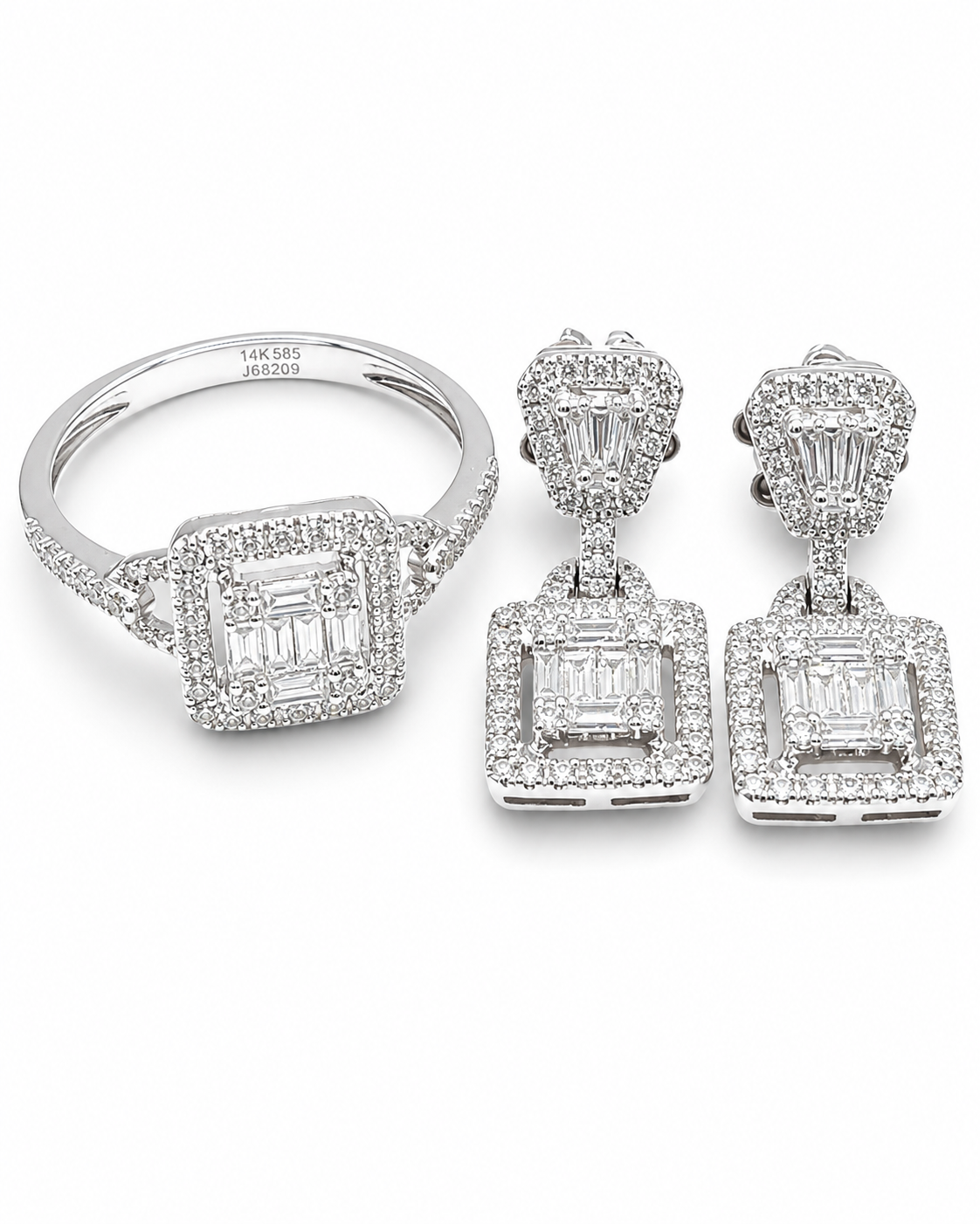 Classic Square Baguette Paved Dangle Diamond Jewelry Set 14K