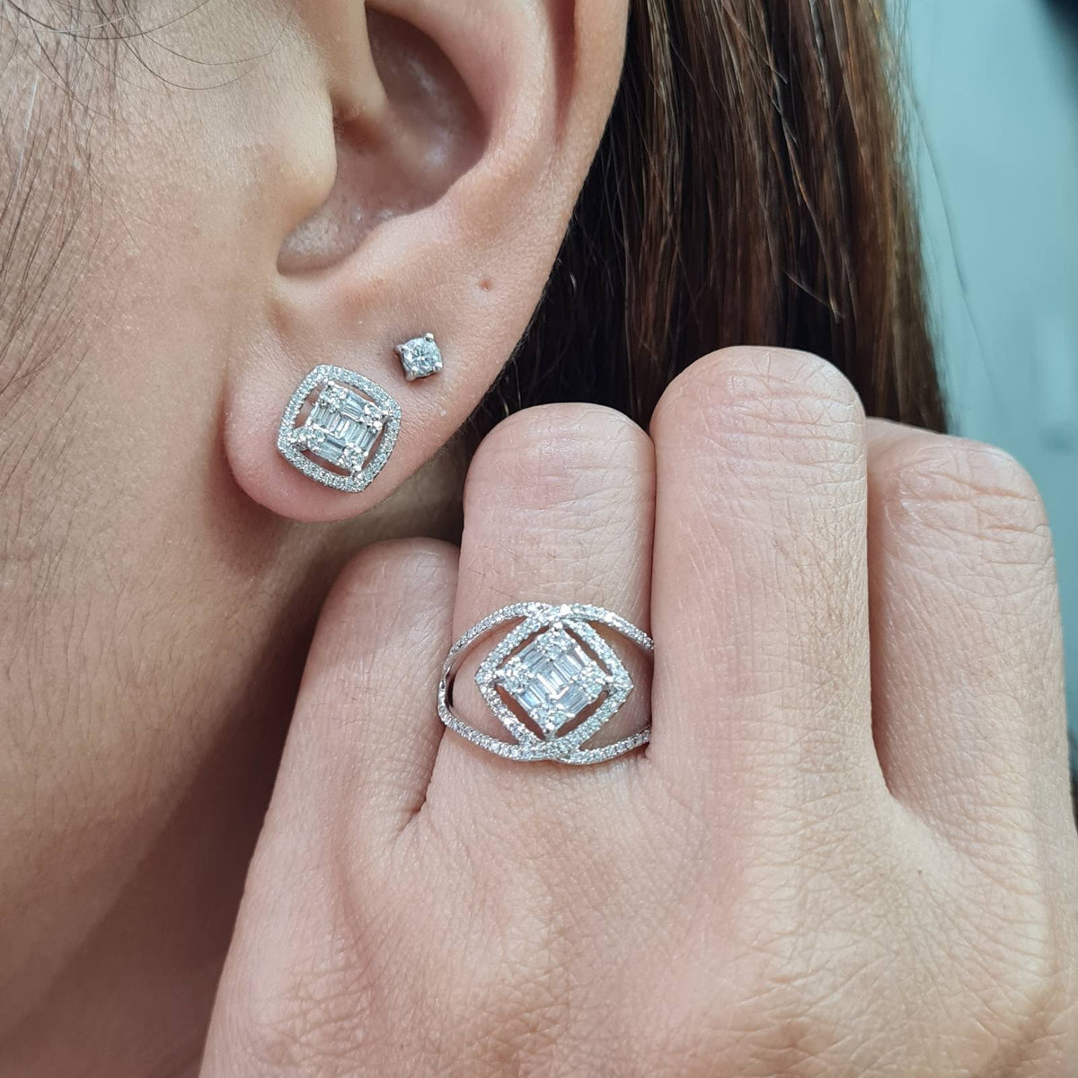 Classic Square Cushion Halo Diamond Jewelry Set 14K
