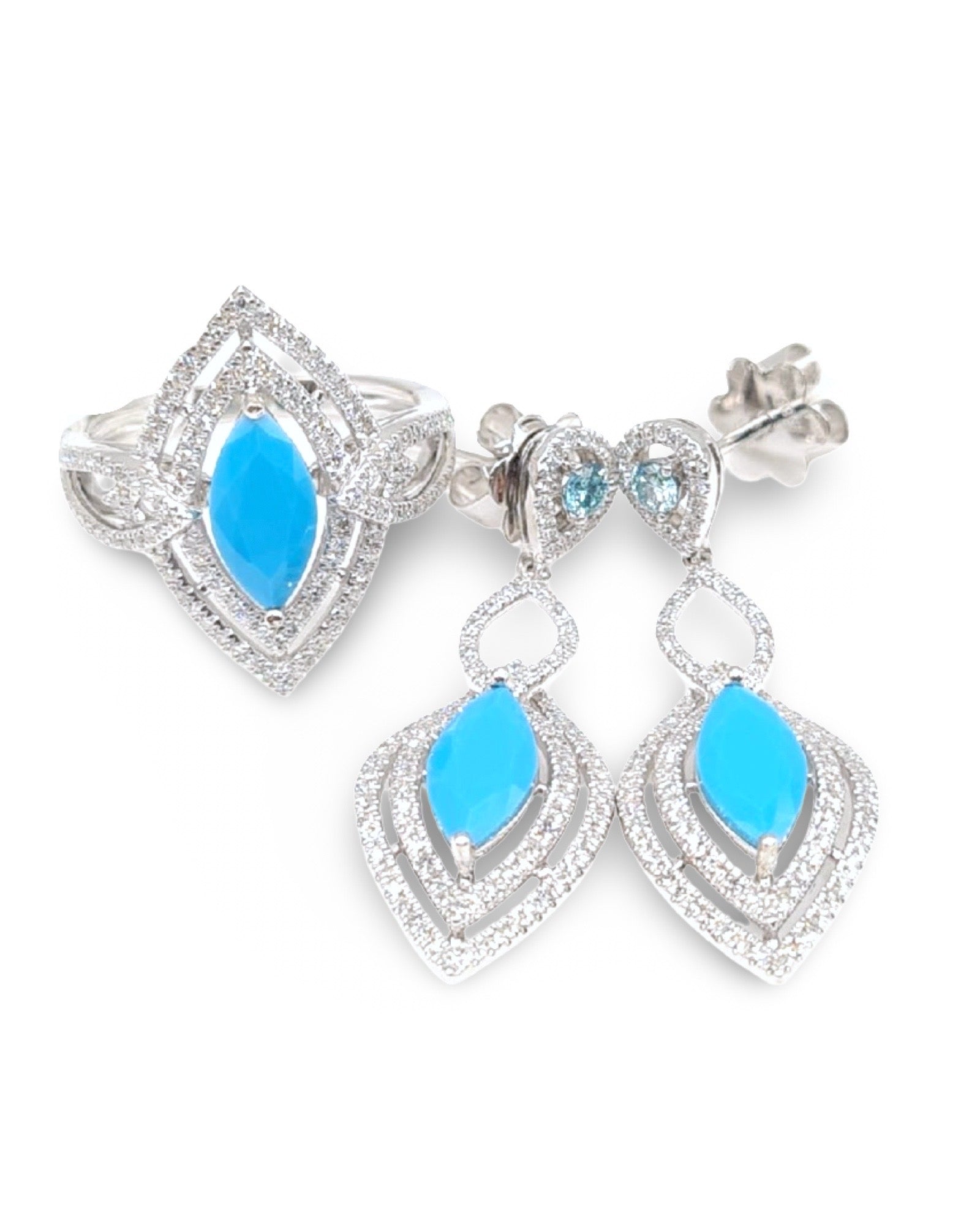 Turquoise Gemstones Marquise Halo Diamond Jewelry Set 14K