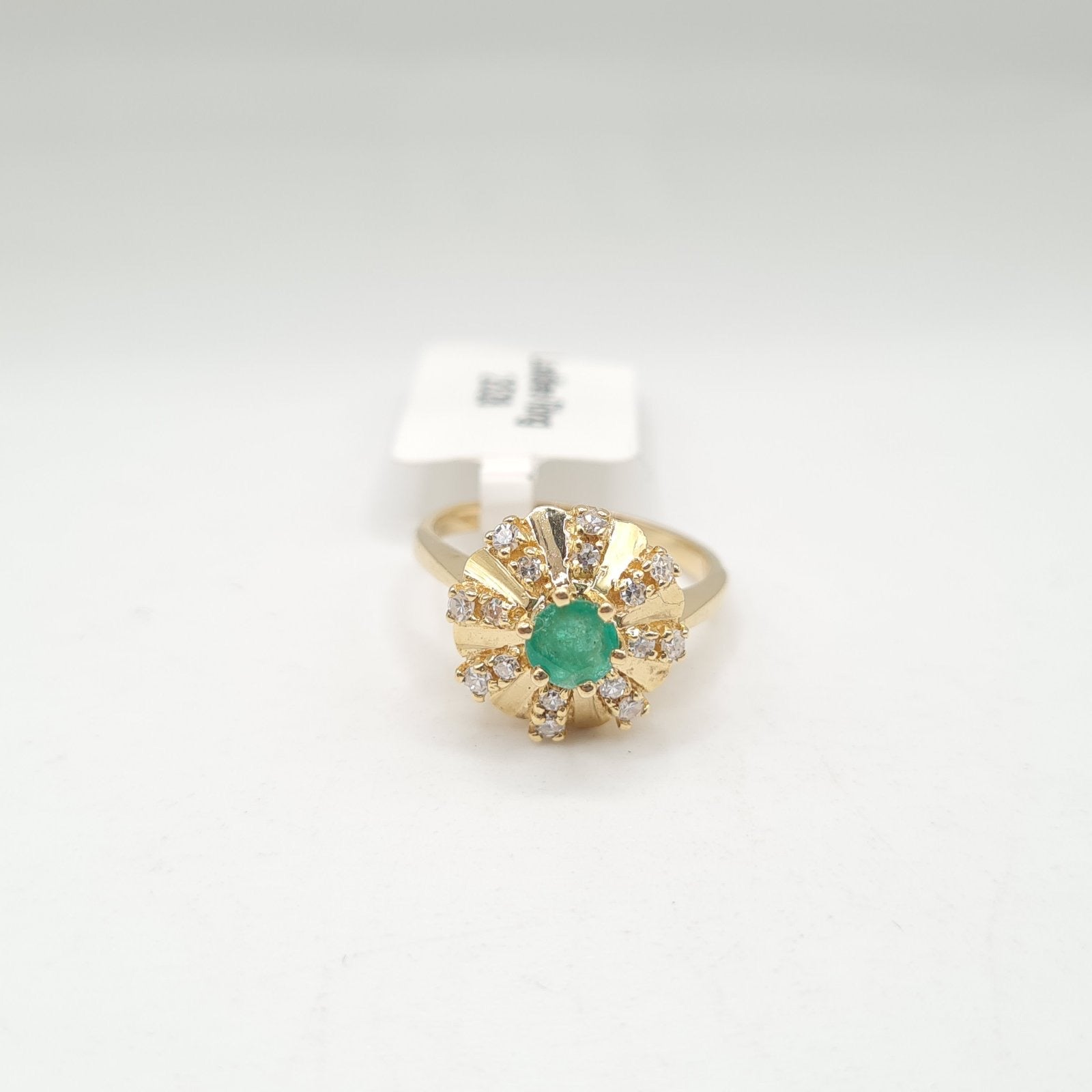 X Golden Flower Green Emerald Gemstones Diamond Ring 14K