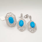 Turquoise Gemstones Octagon Dangling Diamond Jewelry Set 14K
