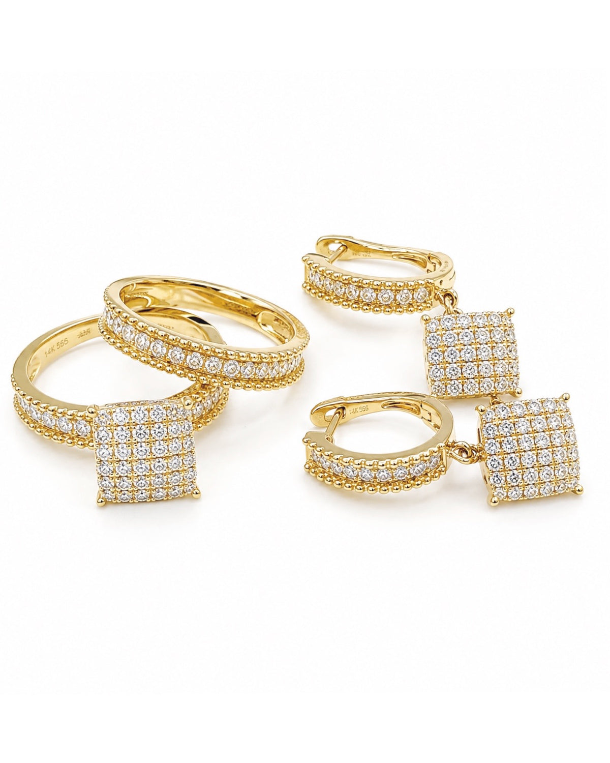 Classic Cushion Golden Dangling Diamond Jewelry Set 14K