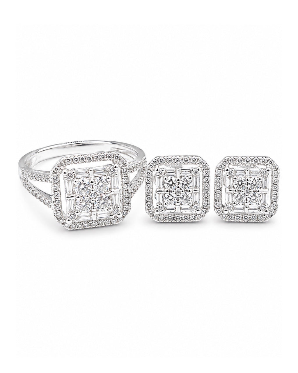 Classic Cushion Baguette Halo Stud Diamond Jewelry Set 14K