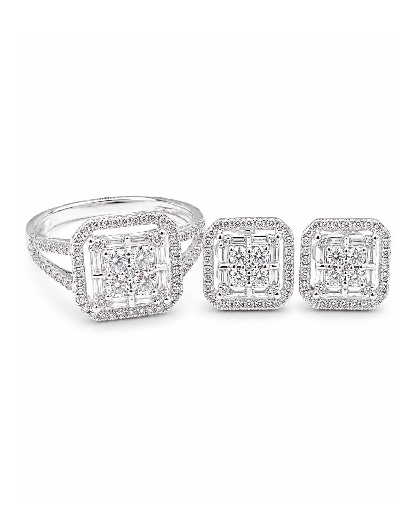 Classic Cushion Baguette Halo Stud Diamond Jewelry Set 14K