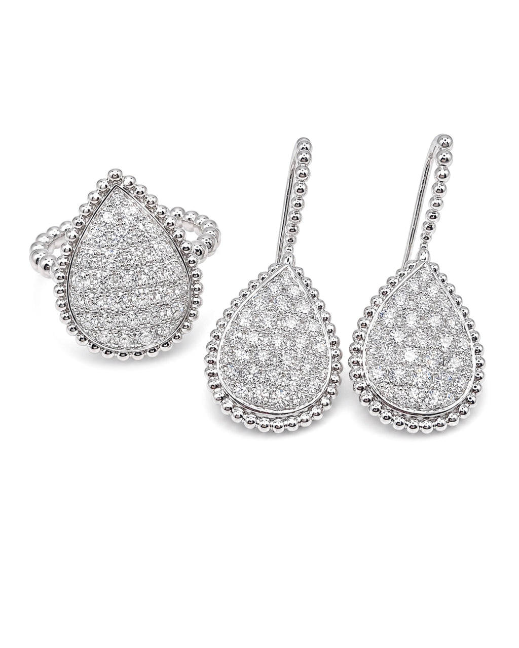 Classic Pear Pave Dangling Statement Diamond Jewelry Set 18K