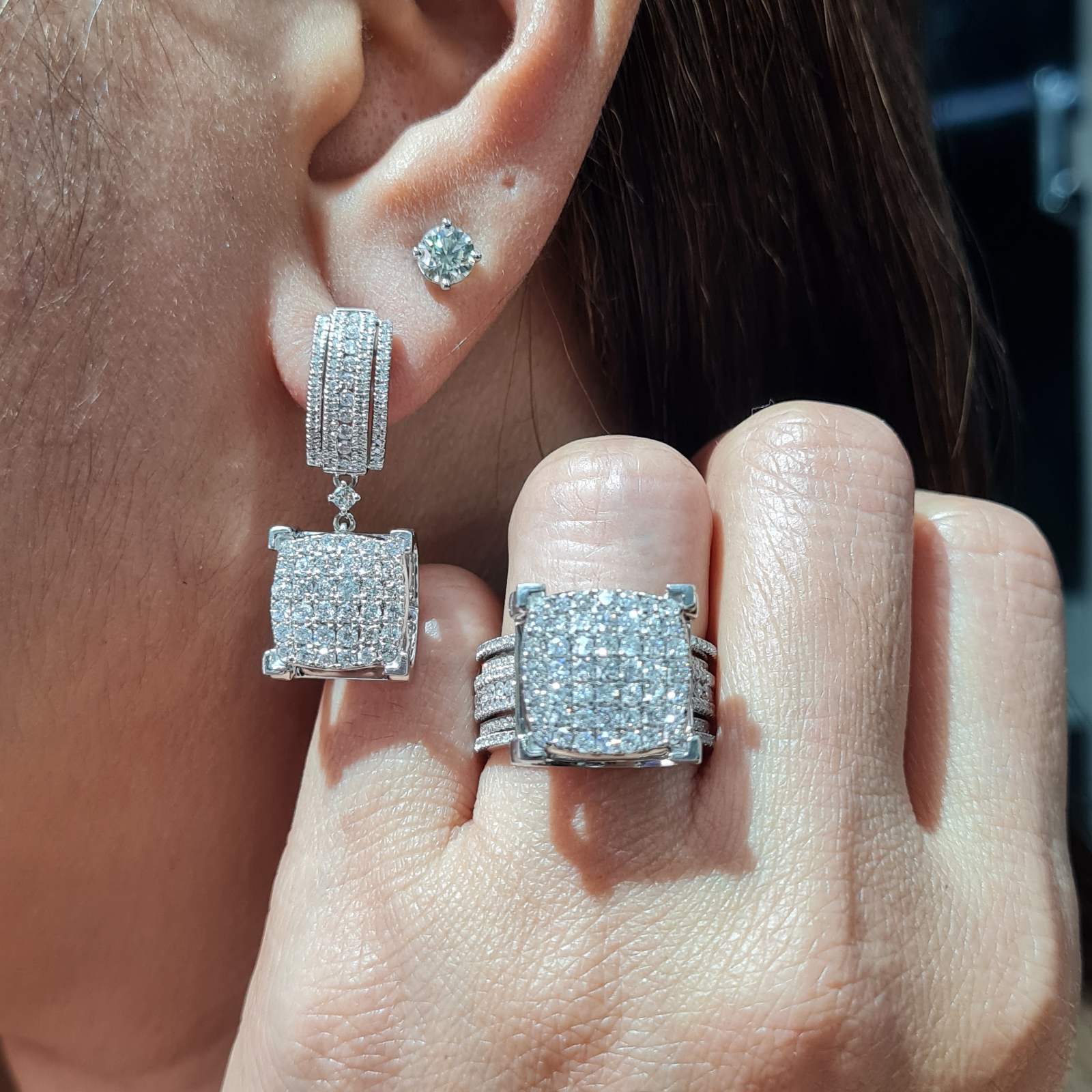 Classic Square Round Dangling Paved Shank Diamond Jewelry Set 14K