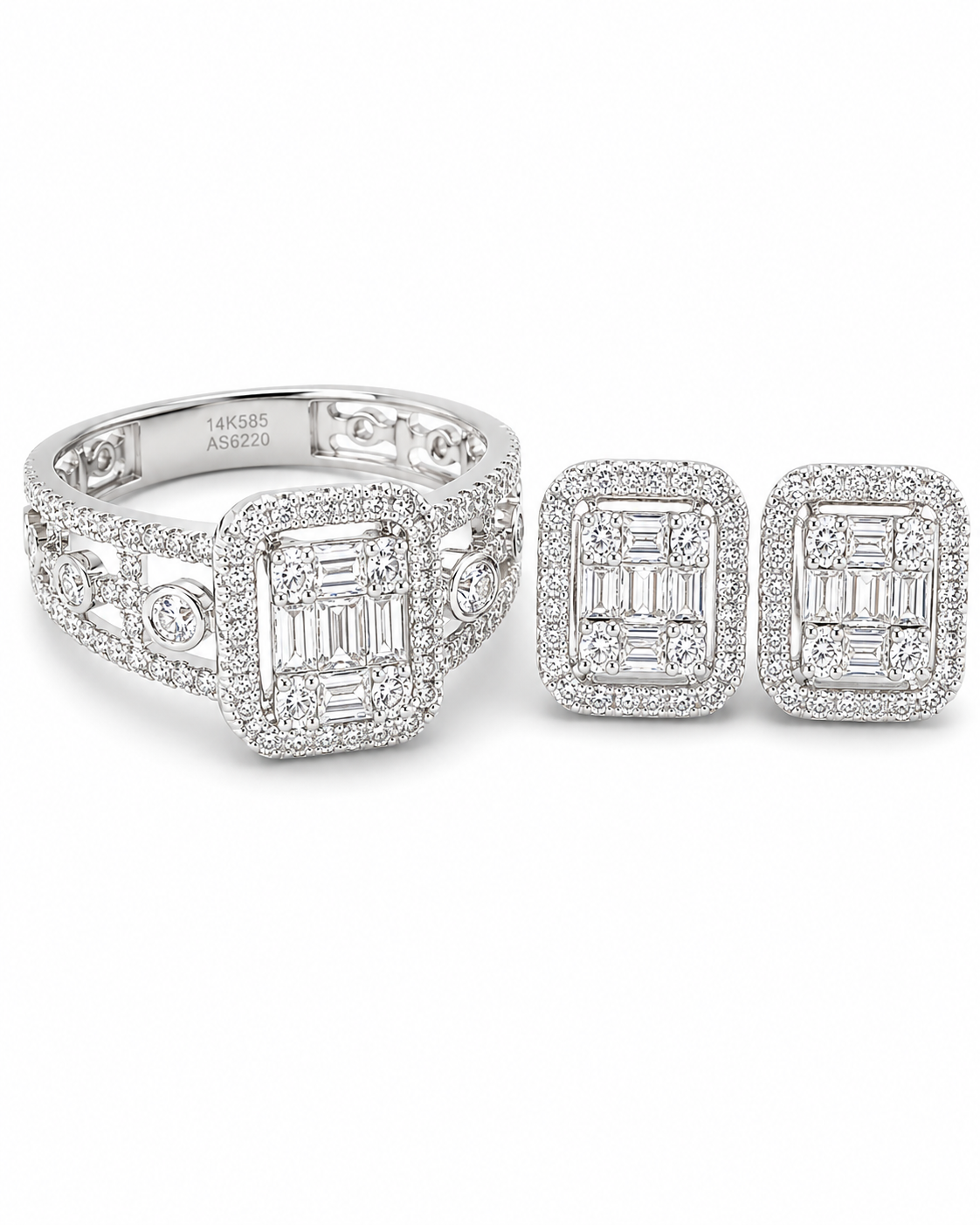 Classic Emerald Halo Paved Diamond Jewelry Set 14K