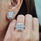 Classic Emerald Baguette Halo Paved Diamond Jewelry Set 14K