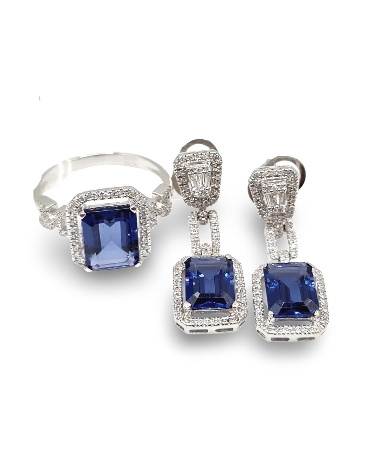 Blue Sapphire Gemstones Emerald Dangling Paved Diamond Jewelry Set 14K