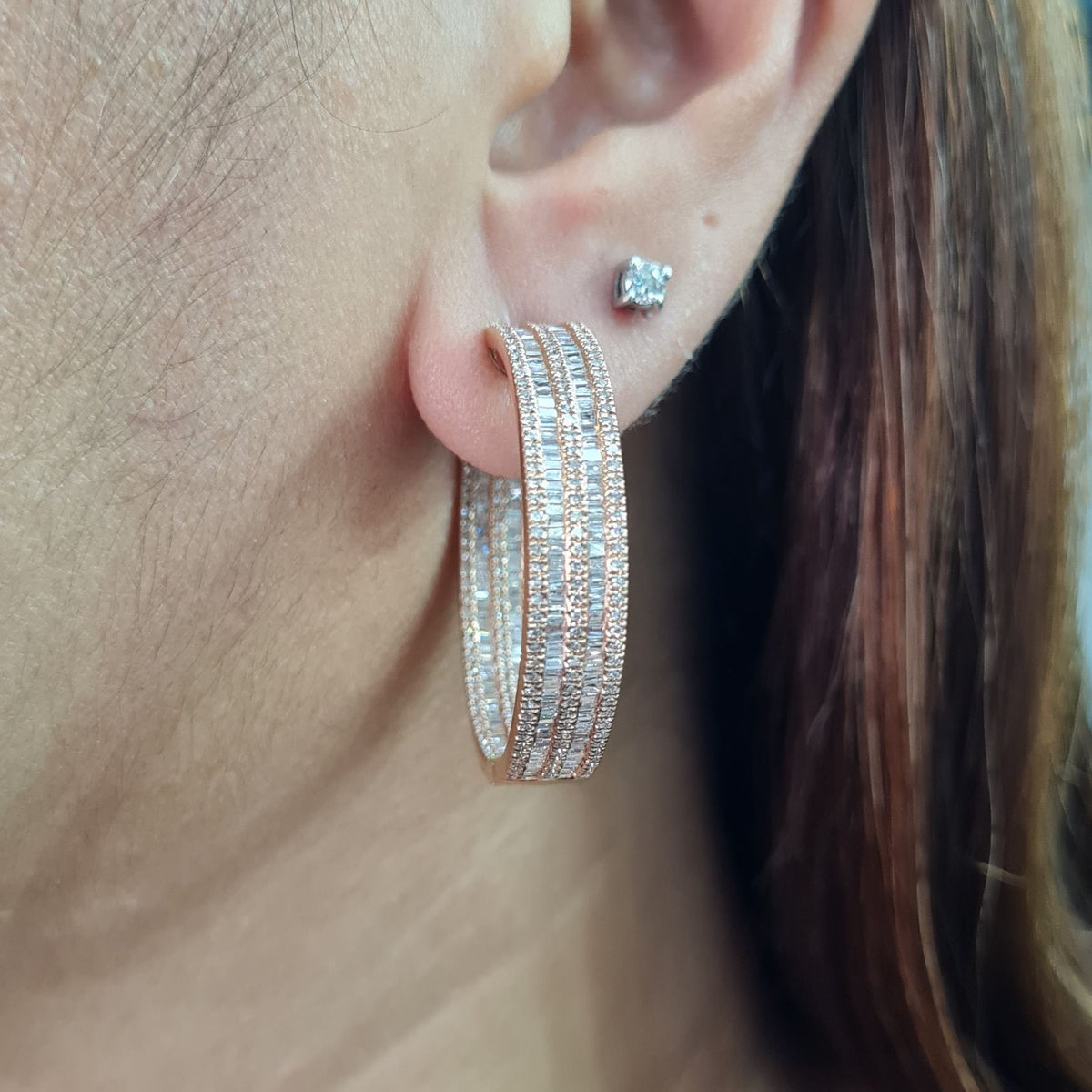Classic Rosegold Layered Baguette Hoop Statement Diamond Earrings 14K