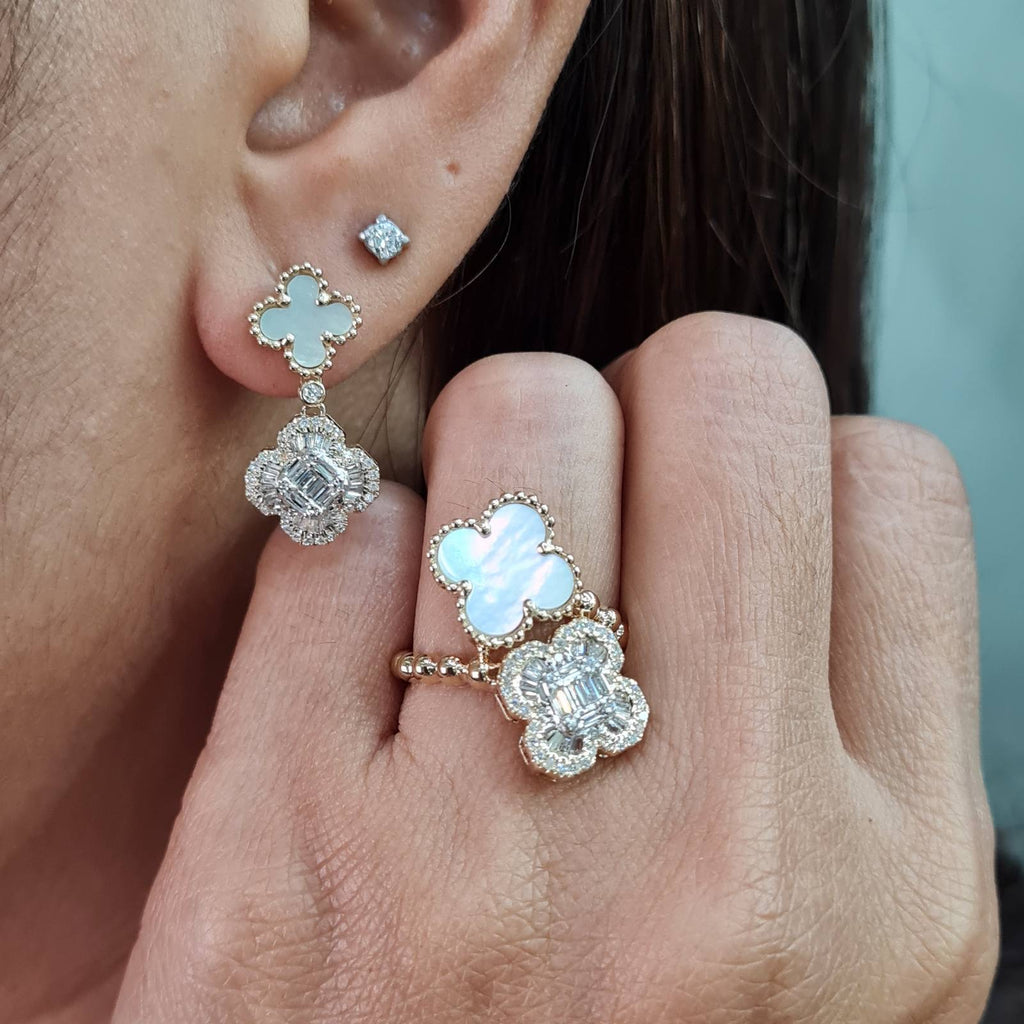 Golden Mother of Pearl Clover Chain Drop Diamond Jewelry Set 14K