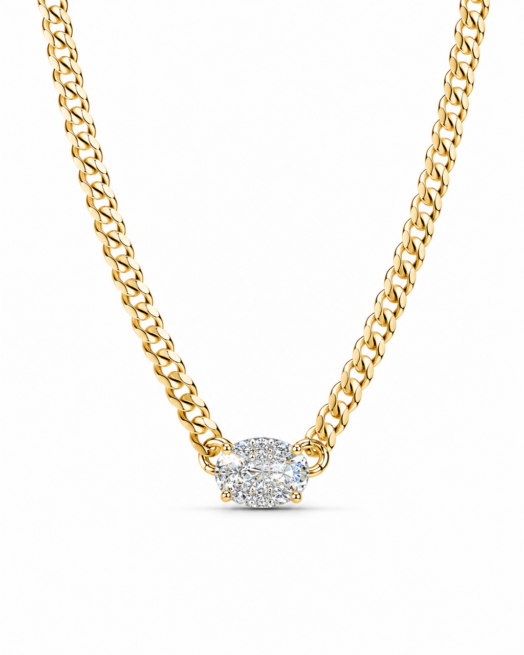 Classic Oval Solitaire Pave Diamond Curve Chain Necklace 10K