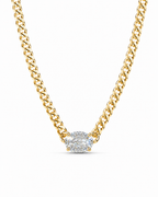 Classic Oval Solitaire Pave Diamond Curve Chain Necklace 10K