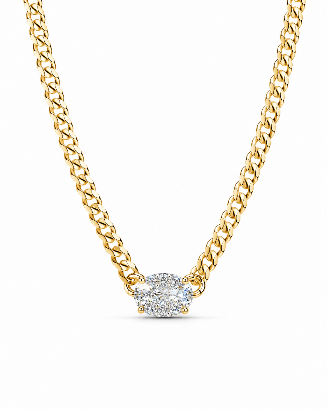 Classic Oval Solitaire Pave Diamond Curve Chain Necklace 10K