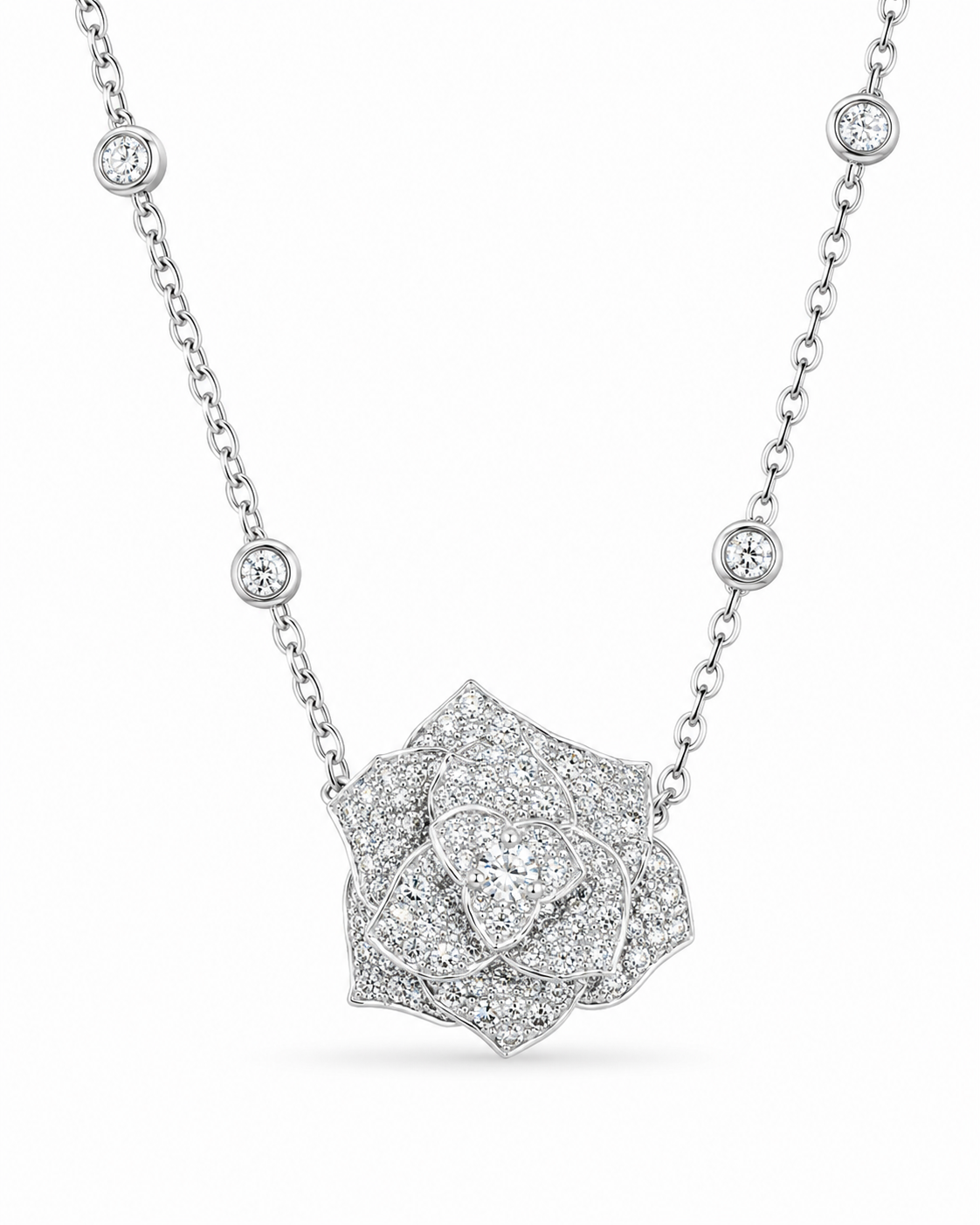 Classic Floral Rose Diamond Pave Necklace 18K