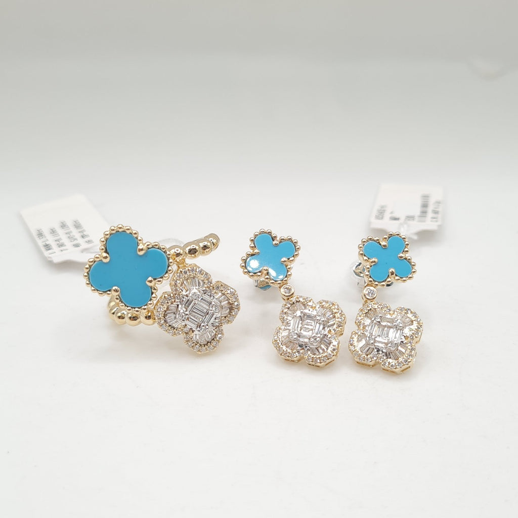 Golden Double Clover Chain Drop Diamond Jewelry Set 14K