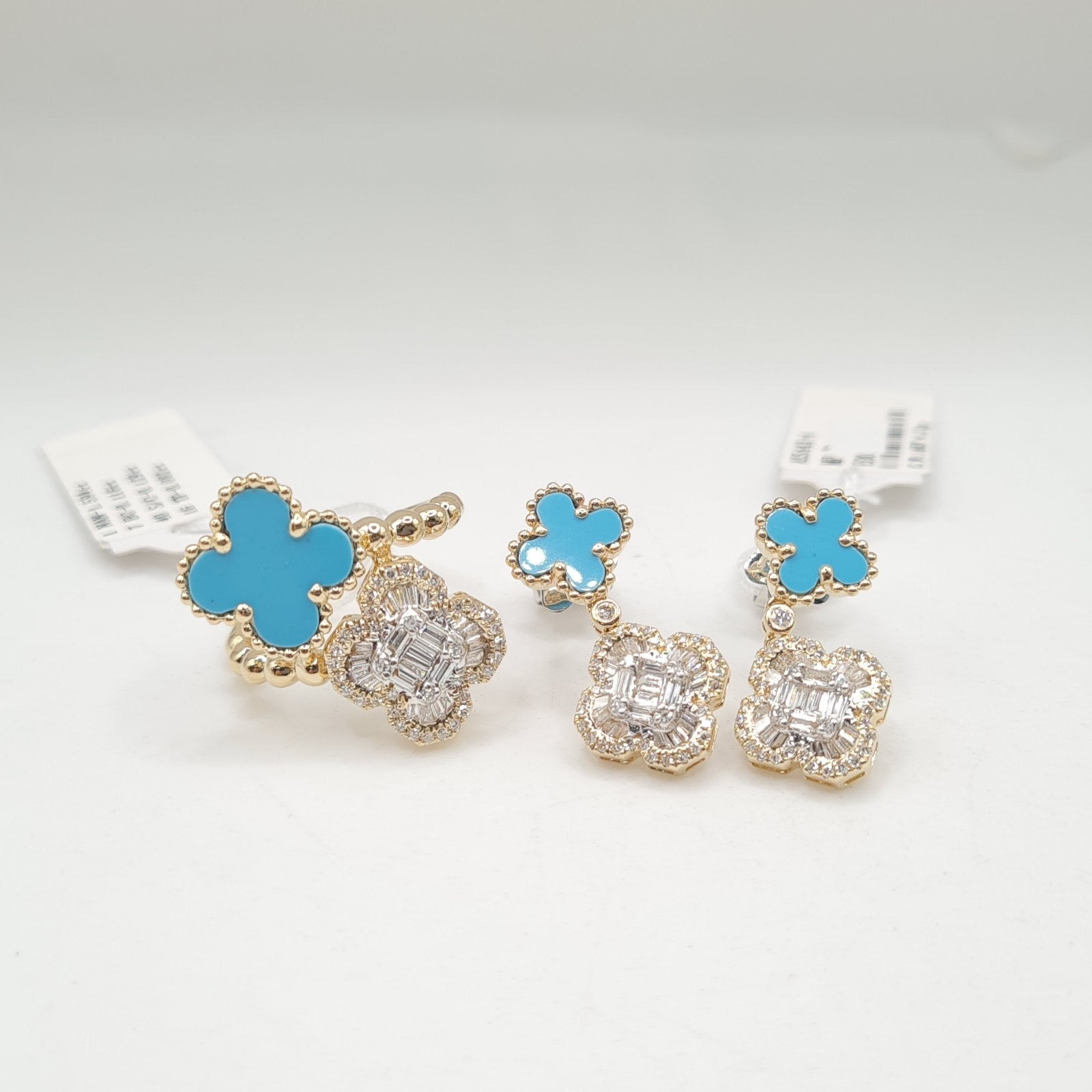 Golden Double Clover Chain Drop Diamond Jewelry Set 14K