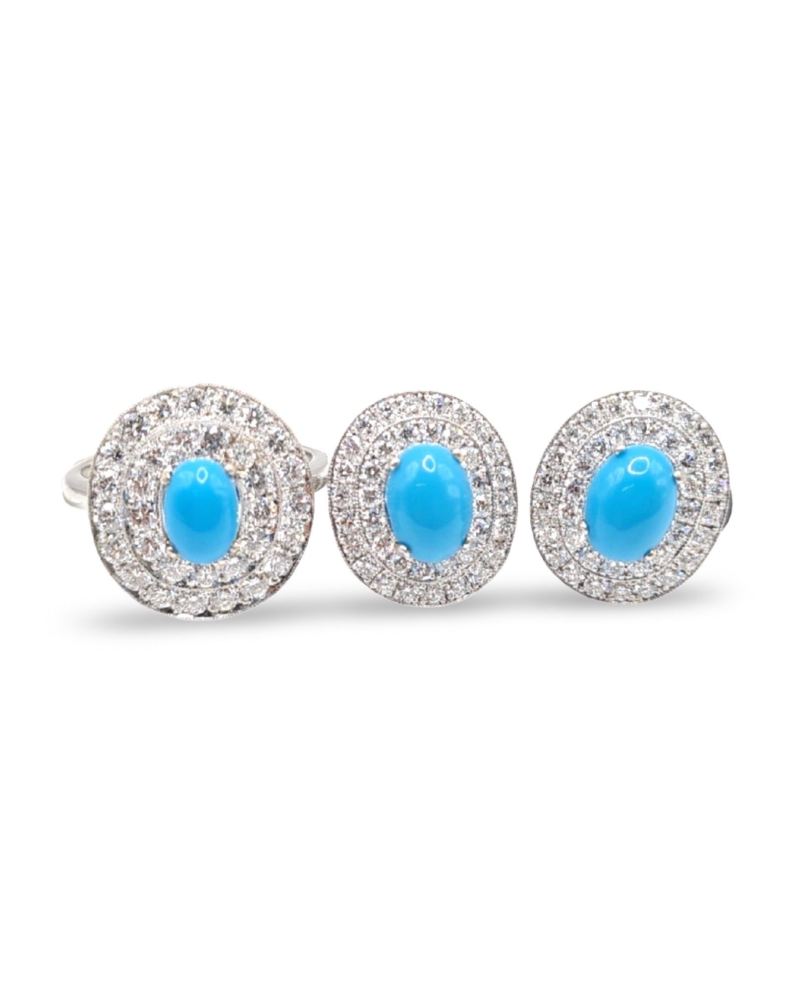 Turquoise Gemstones Oval Round Halo Diamond Jewelry Set 18K
