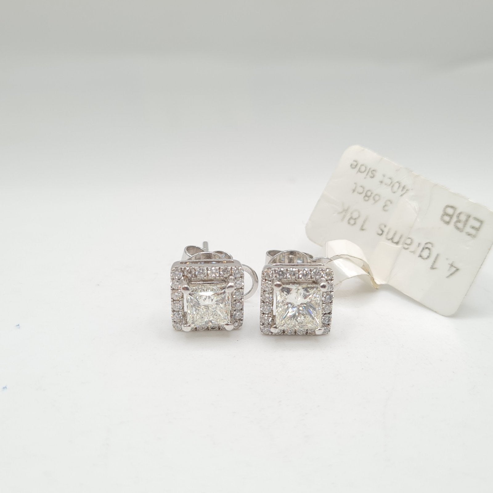 XX Classic 3.68cts Princess Solitaire Halo Stud Diamond Earrings 18K