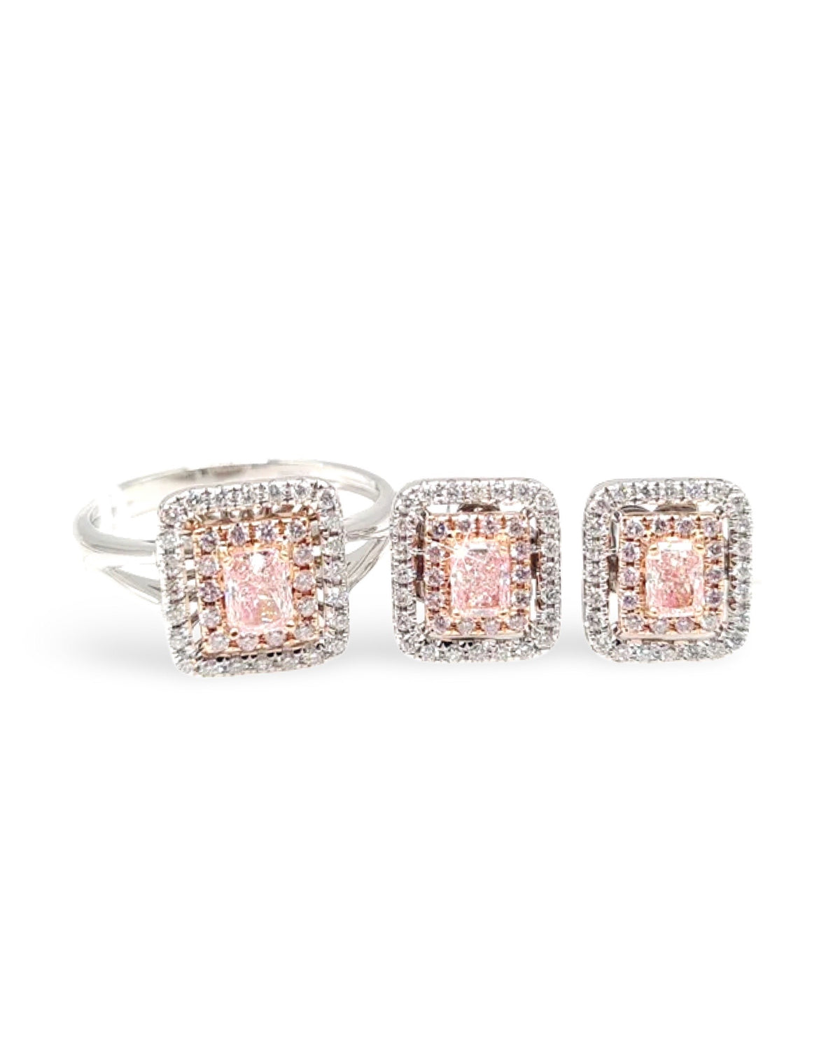 Rare Fancy Pink Diamonds Cushion Halo Diamond Jewelry Set 14K