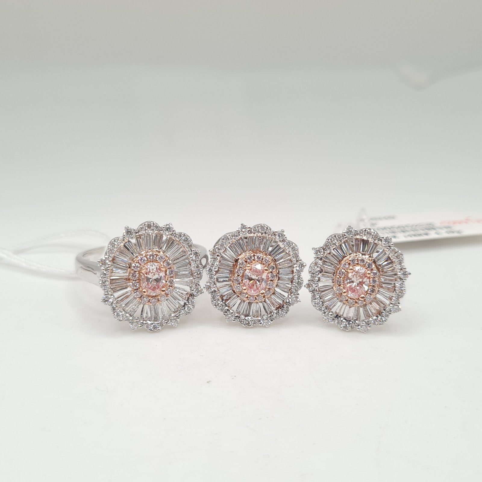 Two Tone Fancy Pink Diamond Oval Baguette Diamond Jewelry Set 14K